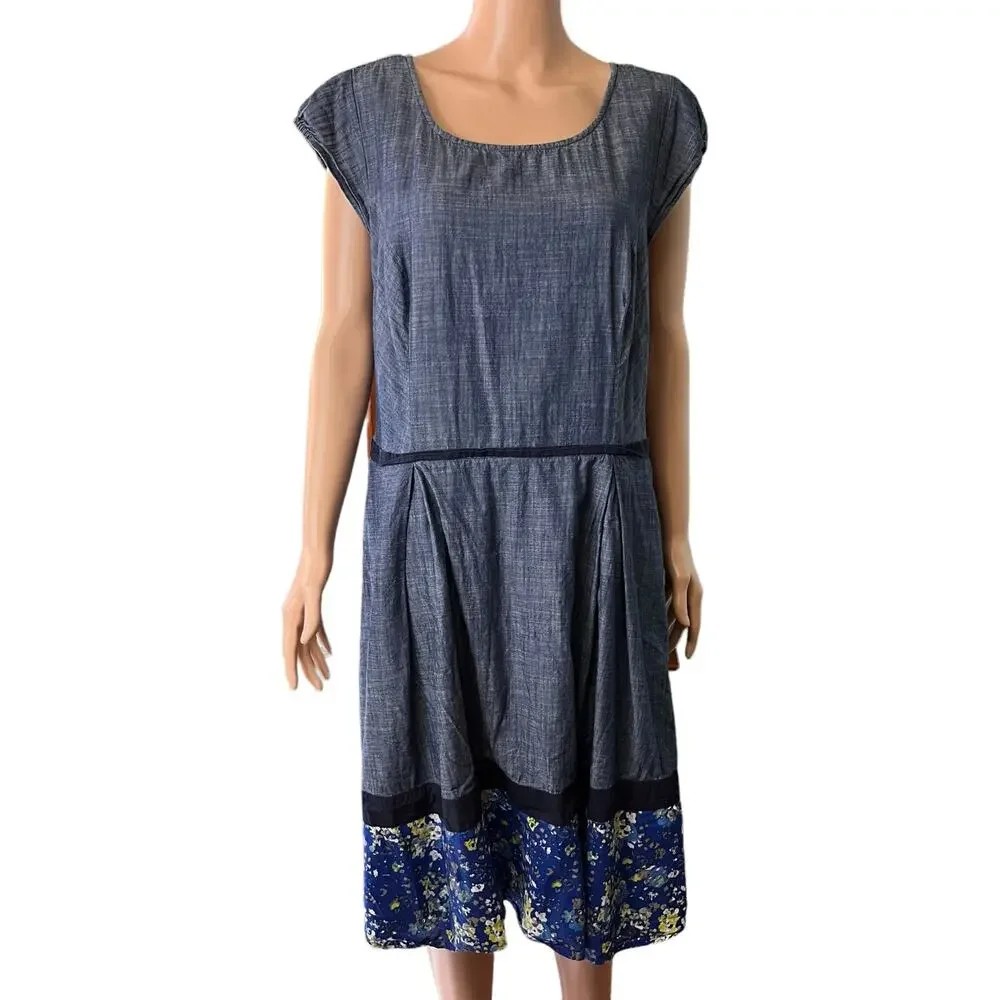 eShakti Chambray Cotton Midi Dress 2X 20W Floral Hem Pockets Cottagecore Prairie - Picture 2 of 6